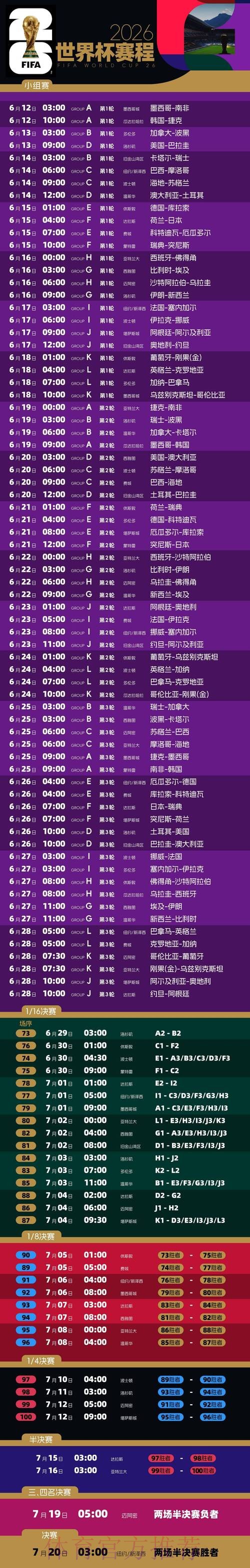 2026世界杯每日赛程完整版实时赛程实时查看